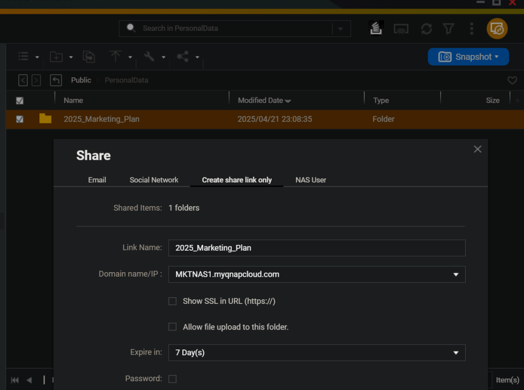 Sharing files or folders over the internet or LAN only takes generating a single link with expiration and password settings